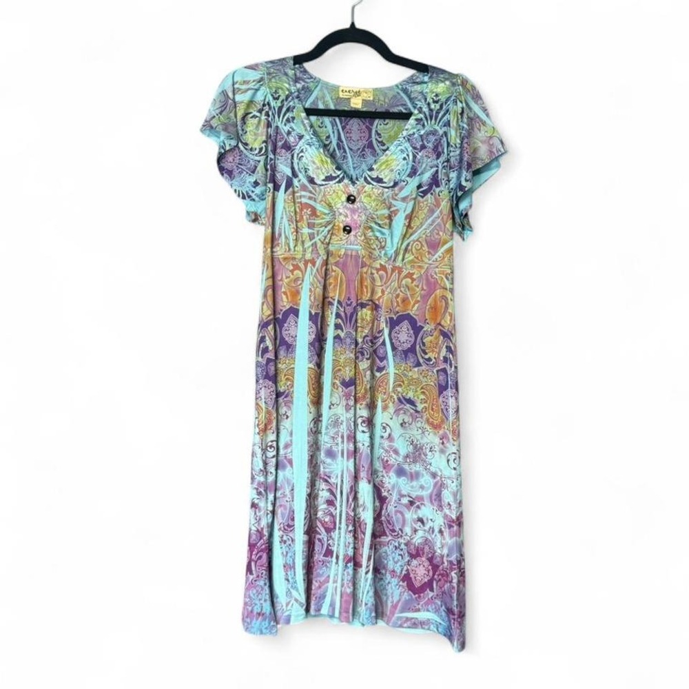 Y2K Empire Waist Dress Women's Size Medium Boho Fairycore Blue Multicolor Hippie